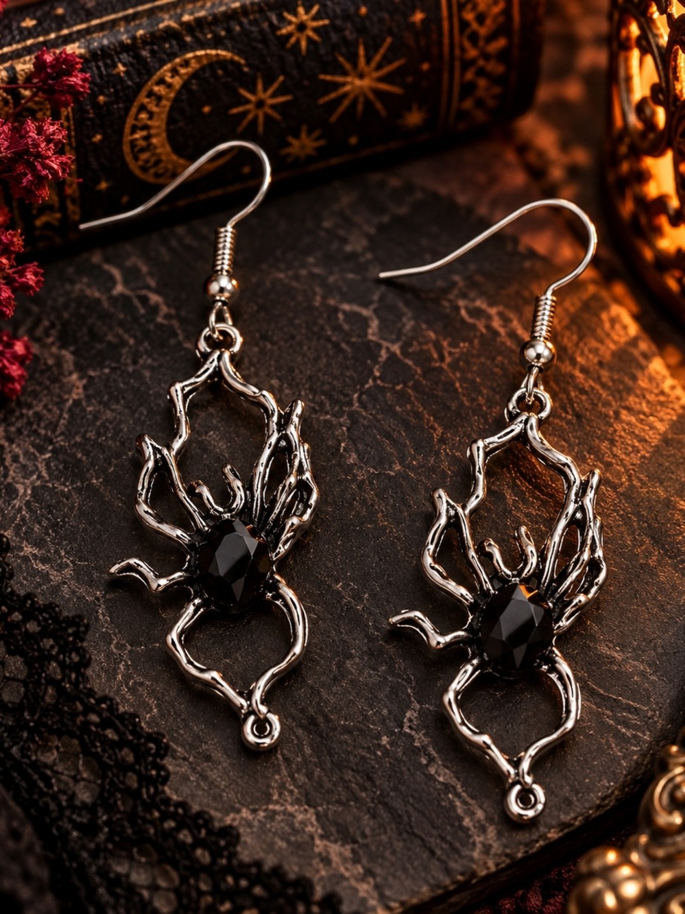 Silver Tone Metal Gothic Black Stone Spider Drop Dangle Earrings New